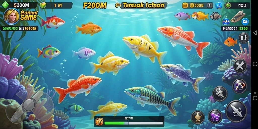 Screenshot gameplay F200M menampilkan aksi menembak ikan yang seru.