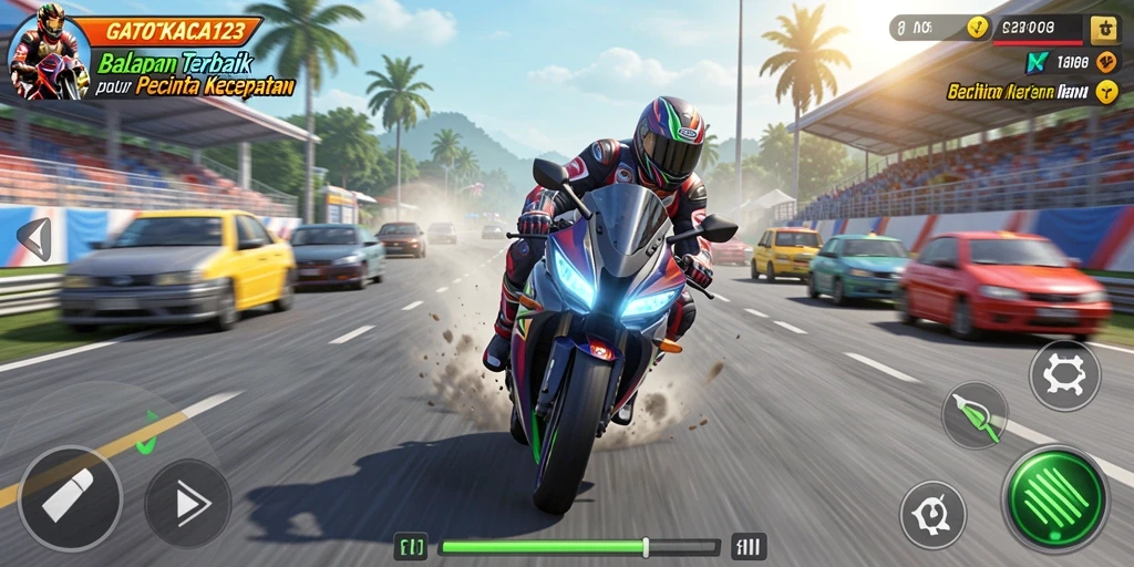 Gameplay GATOTKACA123 yang mendebarkan dengan berbagai motor dan lintasan.