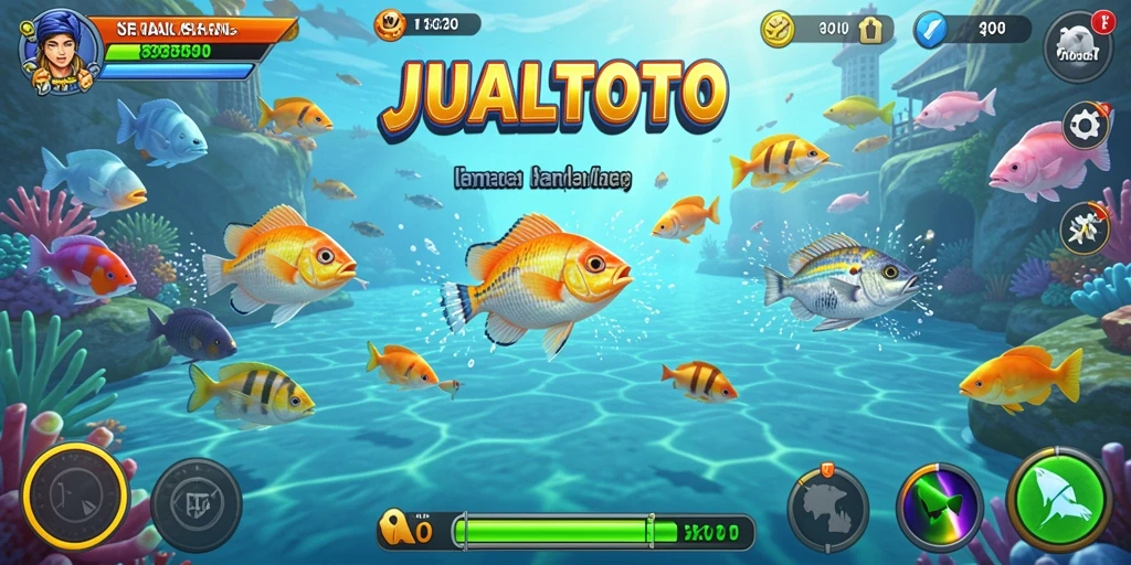 Screenshot gameplay <strong>JUALTOTO</strong> menampilkan pemain menembak ikan dengan senjata.