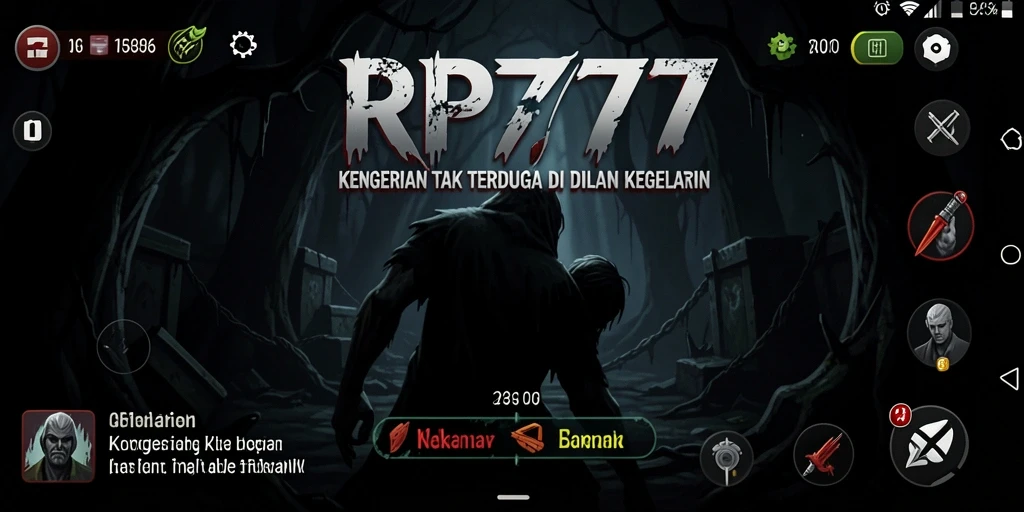 Screenshot utama RP777 menampilkan gameplay menakutkan dalam suasana gelap.