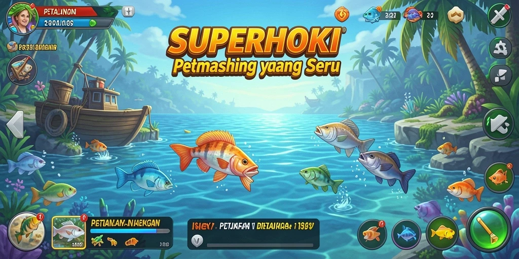 Gameplay SUPERHOKI menunjukkan pemancingan yang mendebarkan di berbagai lokasi.